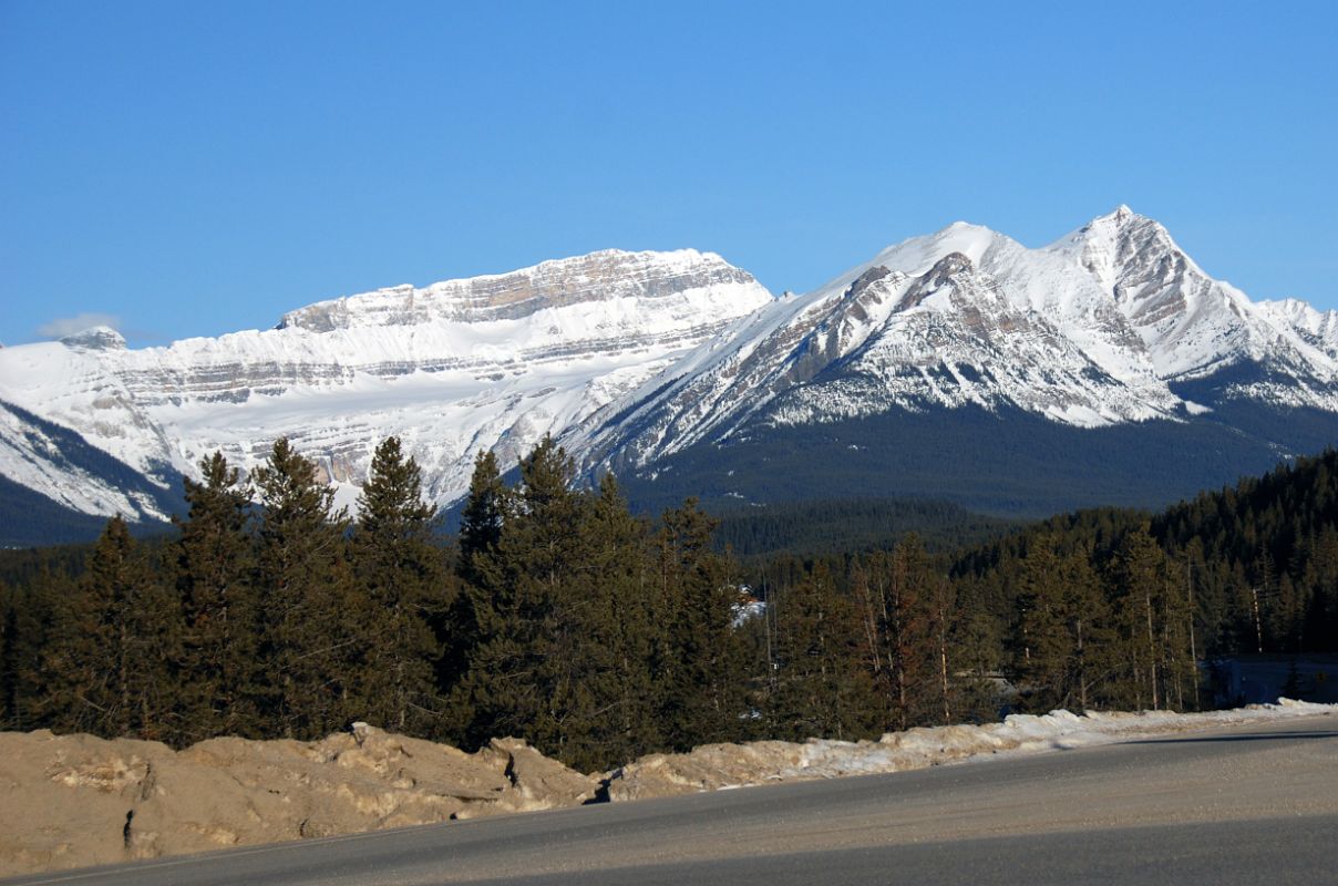 04 Mount Daly and Waputik Peak Morning From Trans-Canada Highway Leaving Lake Louise Driving Towards Icefields Parkway